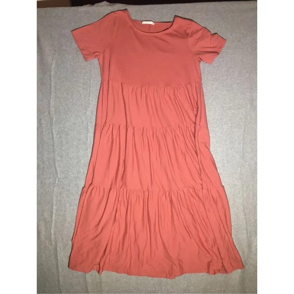 Womens Zenana Dress Size Large Dusty Rose Pink Tiered Maxi Length Casual T Shirt